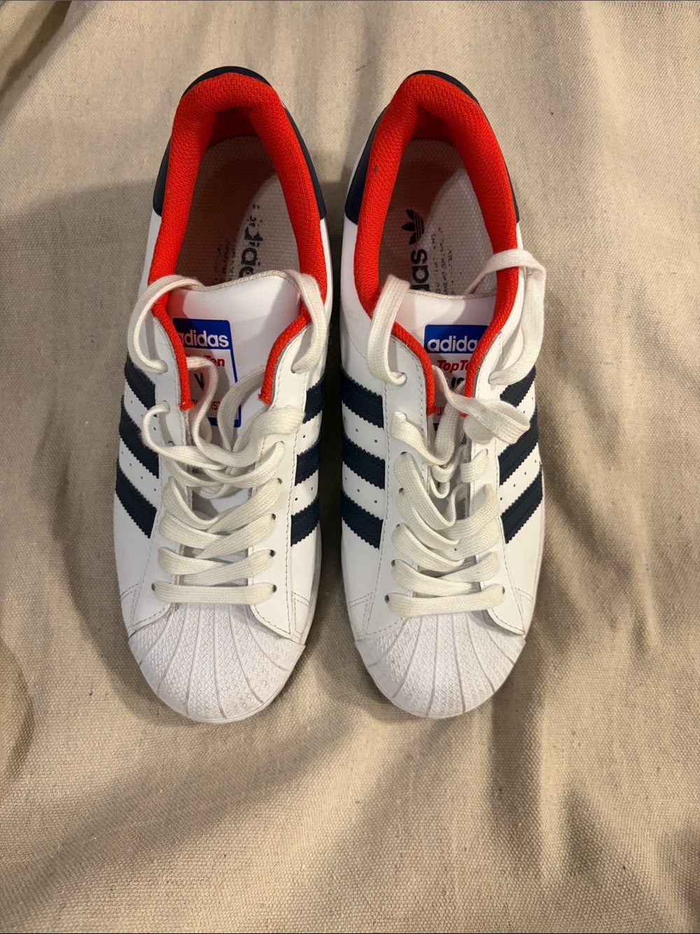 adidas White Sneakers with Navy Stripes and Red lining